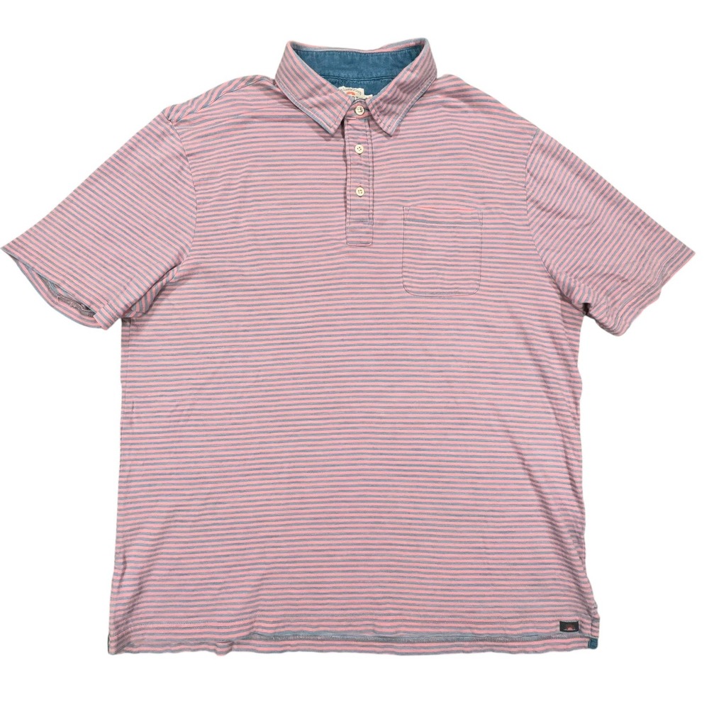 Faherty Organic Cotton Polo Shirt Mens XL Blue Pink Stripe Short Sleeve Pocket